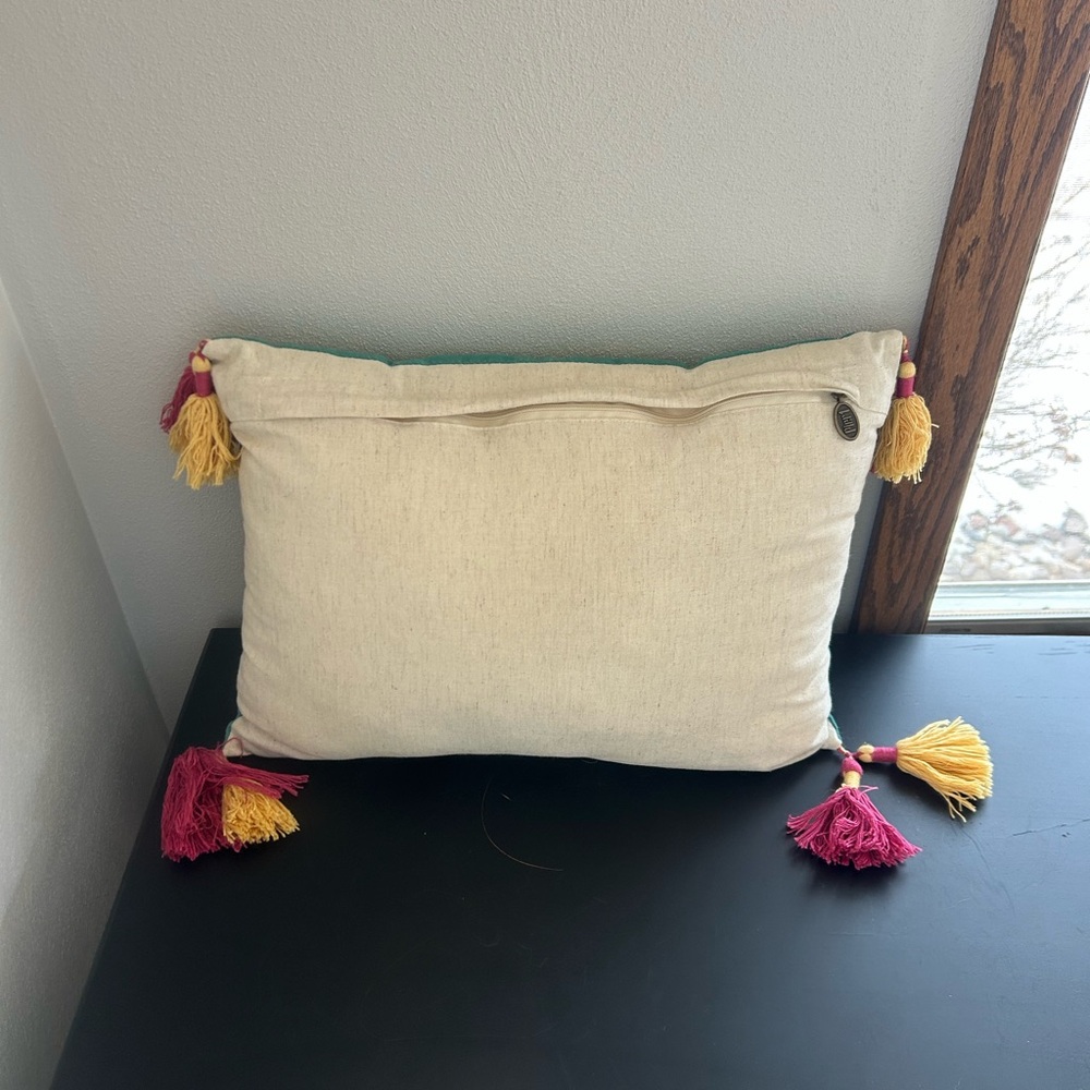 Pier 1 Boho Embroidered Teal and Pink Floral Pillow with Tassels - Picture 5 of 7